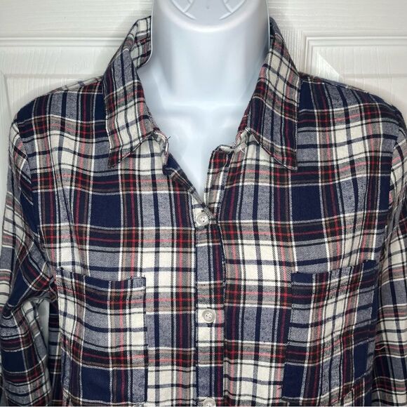 Say What? High Low Cotton Plaid Flannel Shirt Button Down Tunic Blue Red MJ NWT - Picture 3 of 11